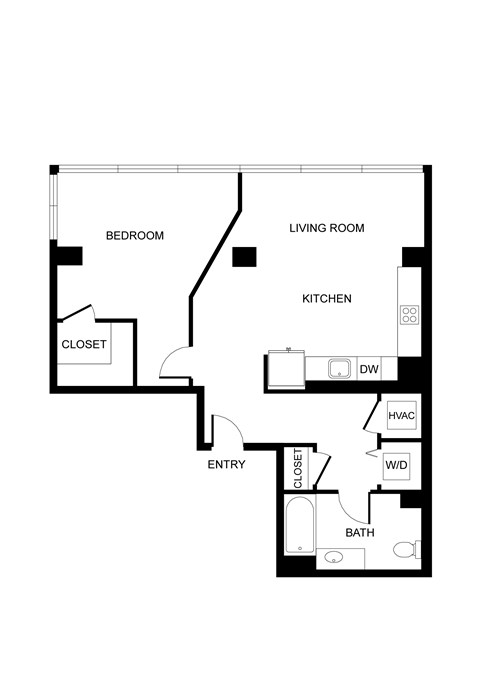 Floor plan for 1 bed, 1 bath, 775 sqft